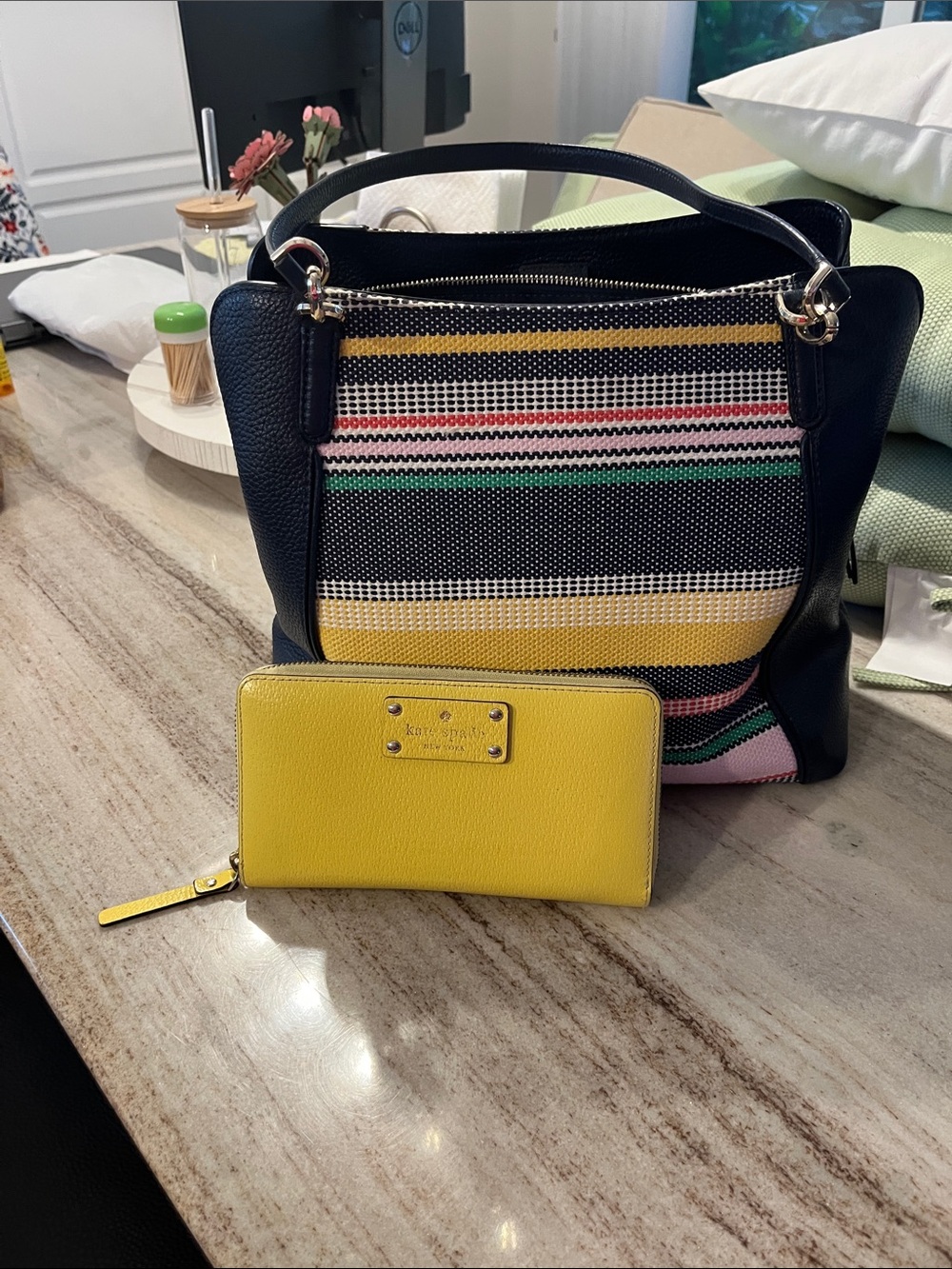 kate spade Striped Canvas Tote in Navy, Yellow, Pink & Green & wallet on yellow